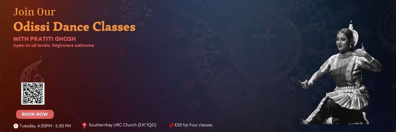 Odissi dance classes in Exeter with Pratiti Ghosh at Southernhay URC Church, beginners welcome, Tuesdays 4:30–5:30 PM, £50 for four sessions